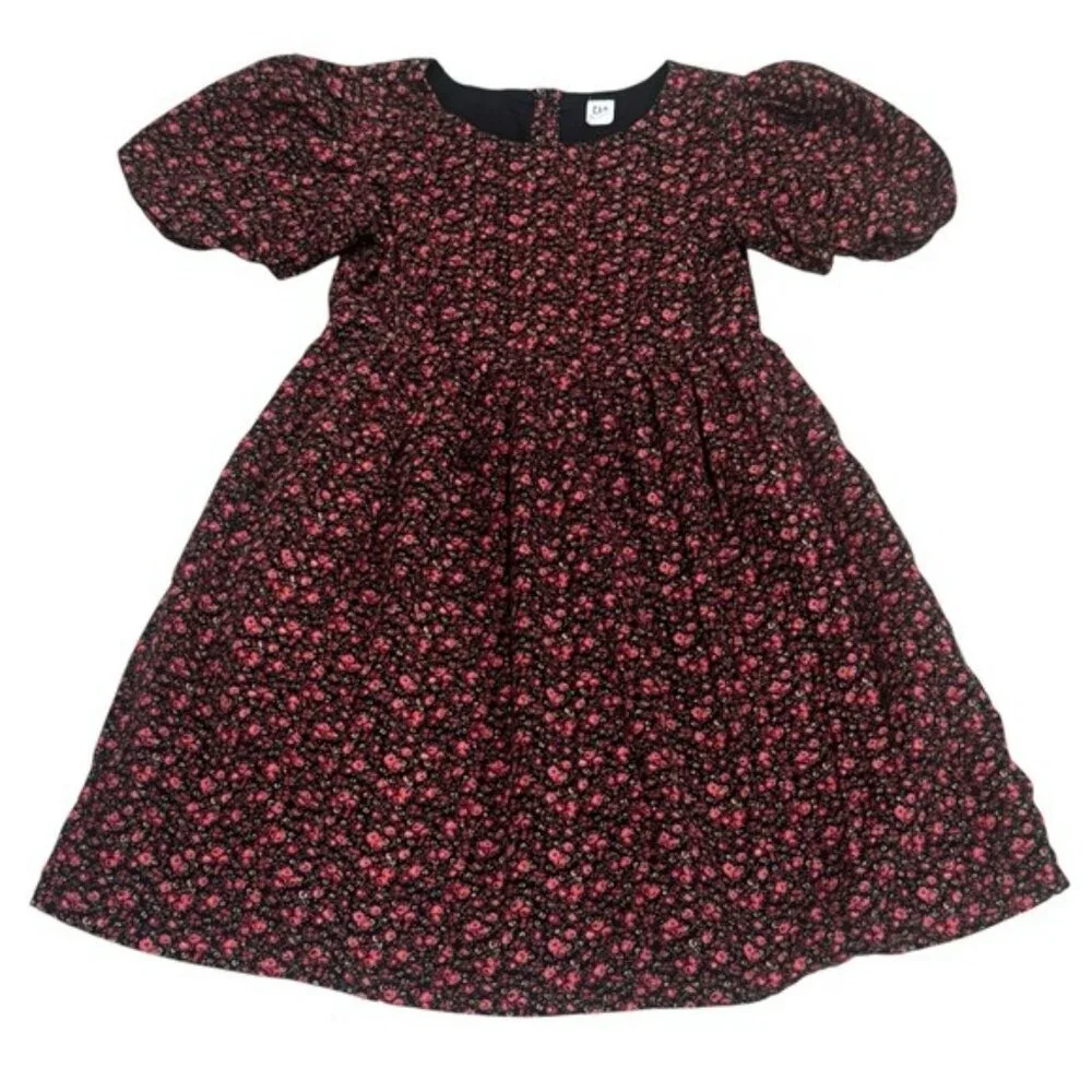 Gap Black and Red Floral Corduroy Puff Sleeve Summer Holiday Dress Girl’s‎ XL